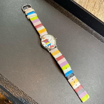 Disney Accessories | Vintage Mickey Mouse Watch With Striped Band. Band Has Significant Wear. | Color: Black/Gold | Size: Os