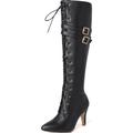 Women's Block Heeled Knee High Boots, Fashion Lace Up Side Zipper Boots, Stylish Point Toe Faux Leather Boots