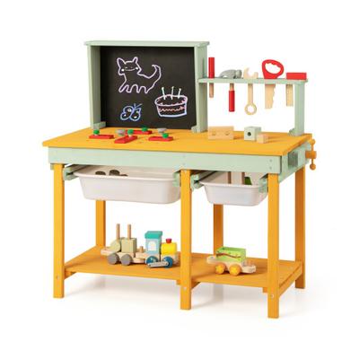 Costway Kids Wooden Toy Workbench with Storage Space and Blackboard