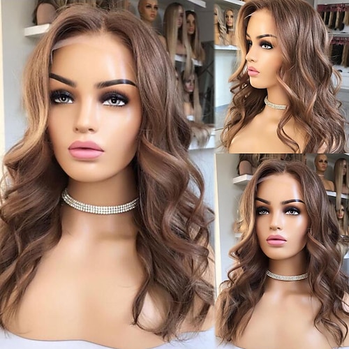 Unverarbeitetes reines Haar 13x4 Spitzenfront Perücke Freier Teil Brasilianisches Haar Wellen Hellbraun Perücke 130% 150% Haardichte mit Babyhaar Leimlos Vorgerupft Für Damen Mittlerer Länge Echthaar