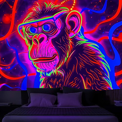 Schwarzlicht-Wandteppich, UV-reaktiv, im Dunkeln leuchtend, Glow Party, Neon-Schimpansen, psychedelisch, trippig, neblig, Wandteppich zum Aufhängen, Wandkunst, Wandbild fürs Wohnzimmer Image
