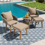 5 Pieces Patio Wicker Conversation Set 2 Armchair with Ottomans Pop-Up Cool Bar Table All-Weather Outdoor Furniture Bistro Sets for Porch Backyard Balcony Poolside Brown
