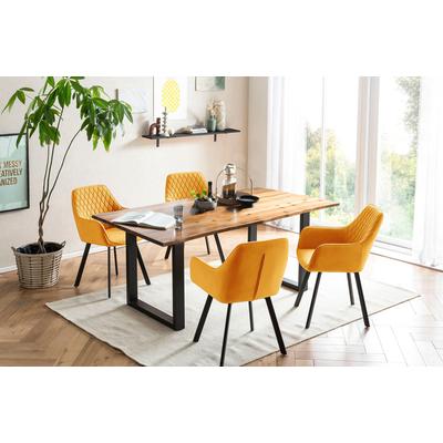 Essgruppe SALESFEVER, gelb (cognac, gelb, schwarz, gelb, schwarz), B:160cm, Massivholz, Polyester, Metall, Sitzmöbel-Sets, Tischplatte mit echter Baumkante, Rücken mit Rautensteppung
