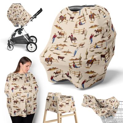 Western Cowboy Boy 5 in 1 Baby Car Seat and Nursing Cover Tan Brown Red Southern Country Chocolate Blue White Wild West Horse