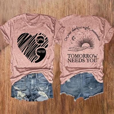 TEMU Sweet Letter & Sun Print T-shirt, Vintage Crew Neck Short Sleeve T-shirt, Women's Clothing