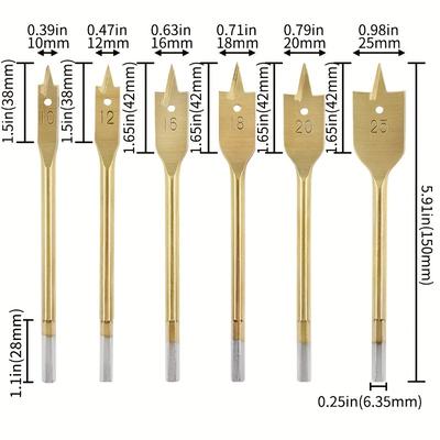 TEMU 6pcs, Spade Drill Bit Set, Hole Opener, Carpentry Flat Drill Titanium-plated Set, Multi-specification Flat Drill Wood Board Hole Opener