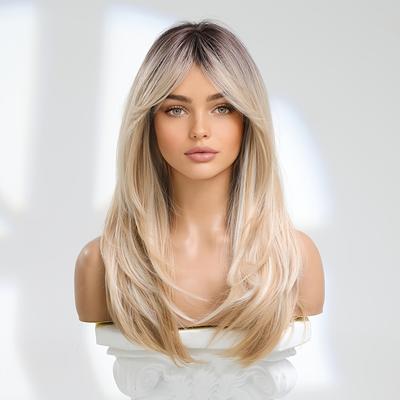 Long Blonde Wig With Bangs And Dark Roots - 24 Inc...