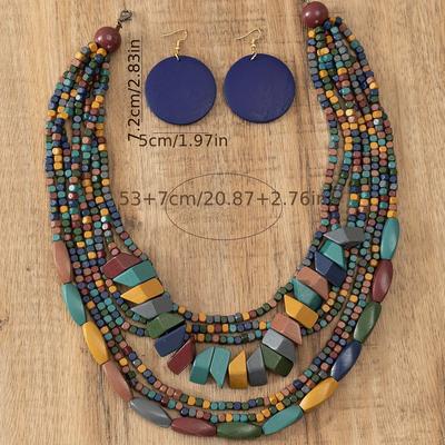 TEMU 3pcs Earrings Plus Necklace Boho Style Jewelry Set Made Of Wood Multi Layer Design Stunning Party Accessories Match Autumn Outfits