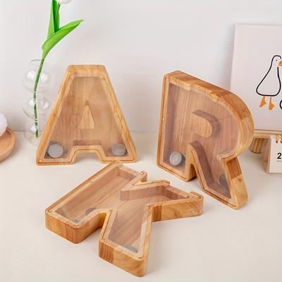 New Wooden Transparent Letter Piggy Bank Savings Jar Change Jar Creative Decoration Large Piggy Bank English Letter Savings Jar Children's Boy Living Room Decoration Coin Only In And Not Out