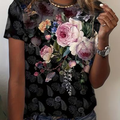 TEMU Floral Neck T-shirt, Casual Short Sleeve T-shirt For , Women's Clothing