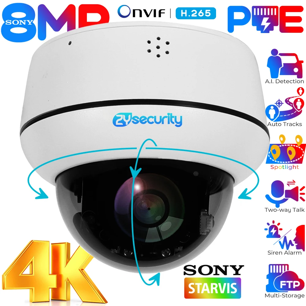 4K 8mp Poe PTZ Kuppel IP Kamera Draussen Autoverfolgung Erkennung von Menschen/Fahrzeugen Kabel Innenräume 2-Wege Audio CCTV -Überwachungskameras Metallschale Camhi App Image