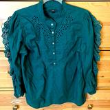 J. Crew Tops | J Crew Ruffle-Sleeve Top With Embroidered Eyelet In Dark Forest Green | Color: Green | Size: M