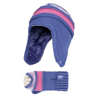 Wärmehalter - Kinder Mädchen Winter Warm Fleece gefüttert Kabel gestrickt Thermal Beanie Mütze und Fäustlinge mit Ohrenklappen - LS1P10 Image