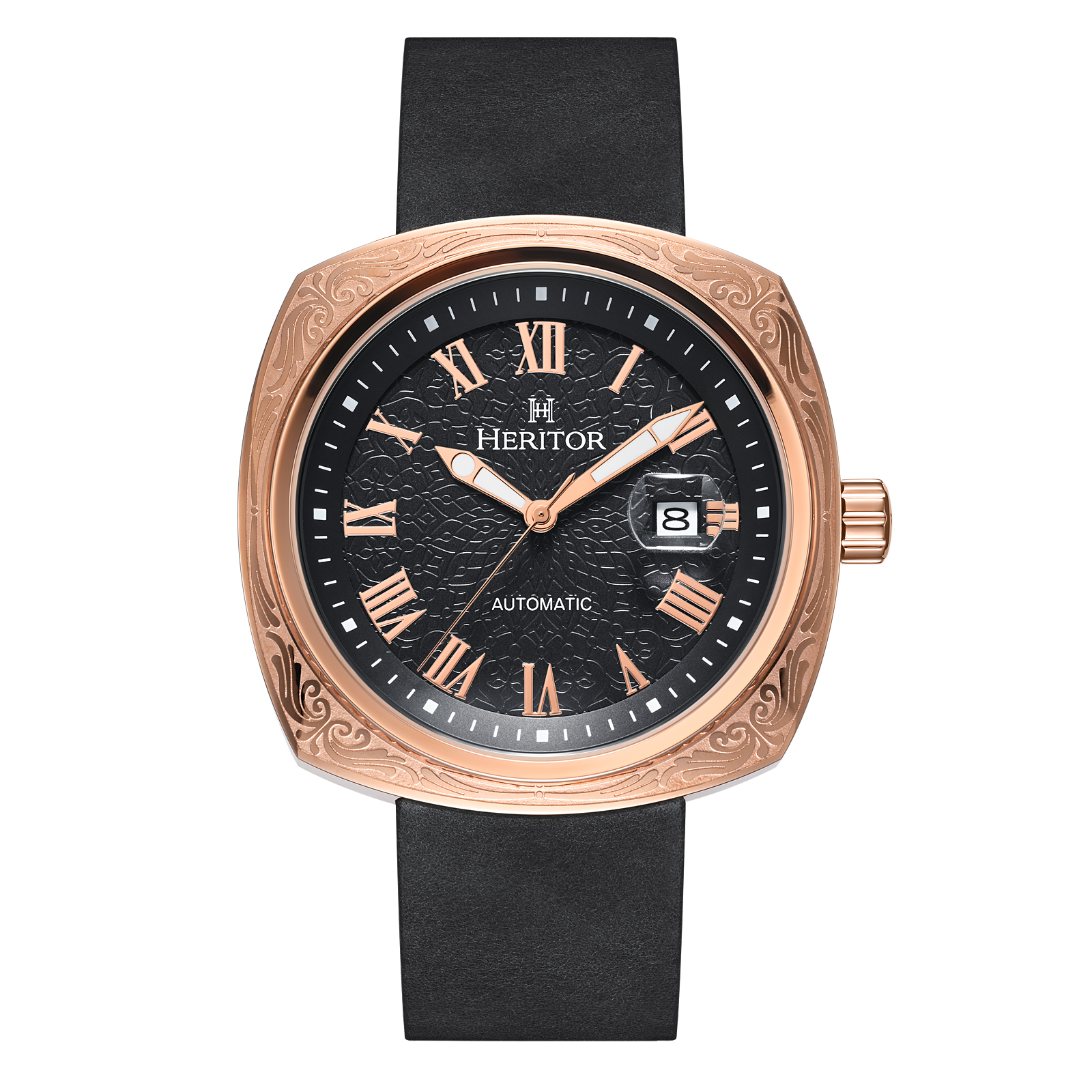 Montre automatique Heritor Davenport avec boîtier gravé et bracelet en cuir avec date Image