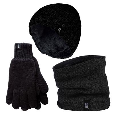 Herren Mütze, Halswärmer & Handschuhe Set | Wärmehalter | Winter gestricktes warmes Accessoires Set - Schwarz Image