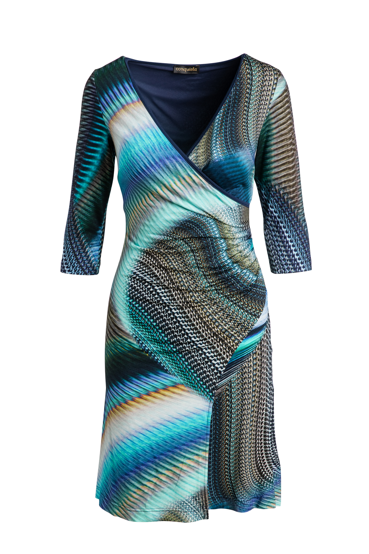 Petrolfarbenes Faux Wrap Kleid aus bedrucktem Jersey Image