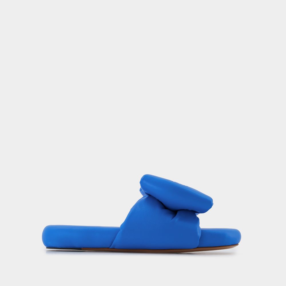 Gepolsterte Pantoletten mit Schleife - Off White - Blau - Leder