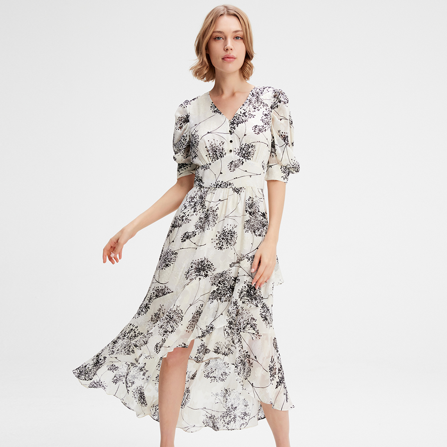 Linear Flower Print Kleid mit tiefem Saum