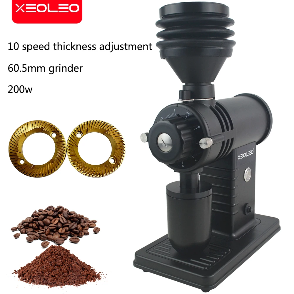 XEOLEO Electric Coffee Grinder 60mm Titaninum Burr Grinder 200W Coffee Bean Miller Blow Hopper 10 Steps Coffee Milling Machine