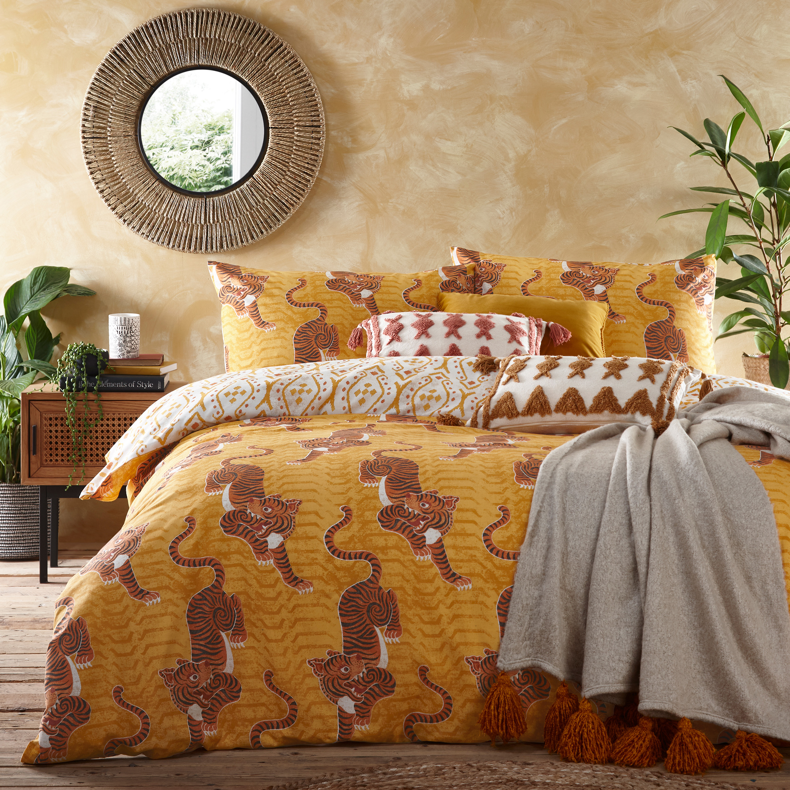furn. Tibetan Tiger Tribal Reversible Duvet Cover Set - Mustard Cotton - Size King | furn. Sale | Discount Designer Brands