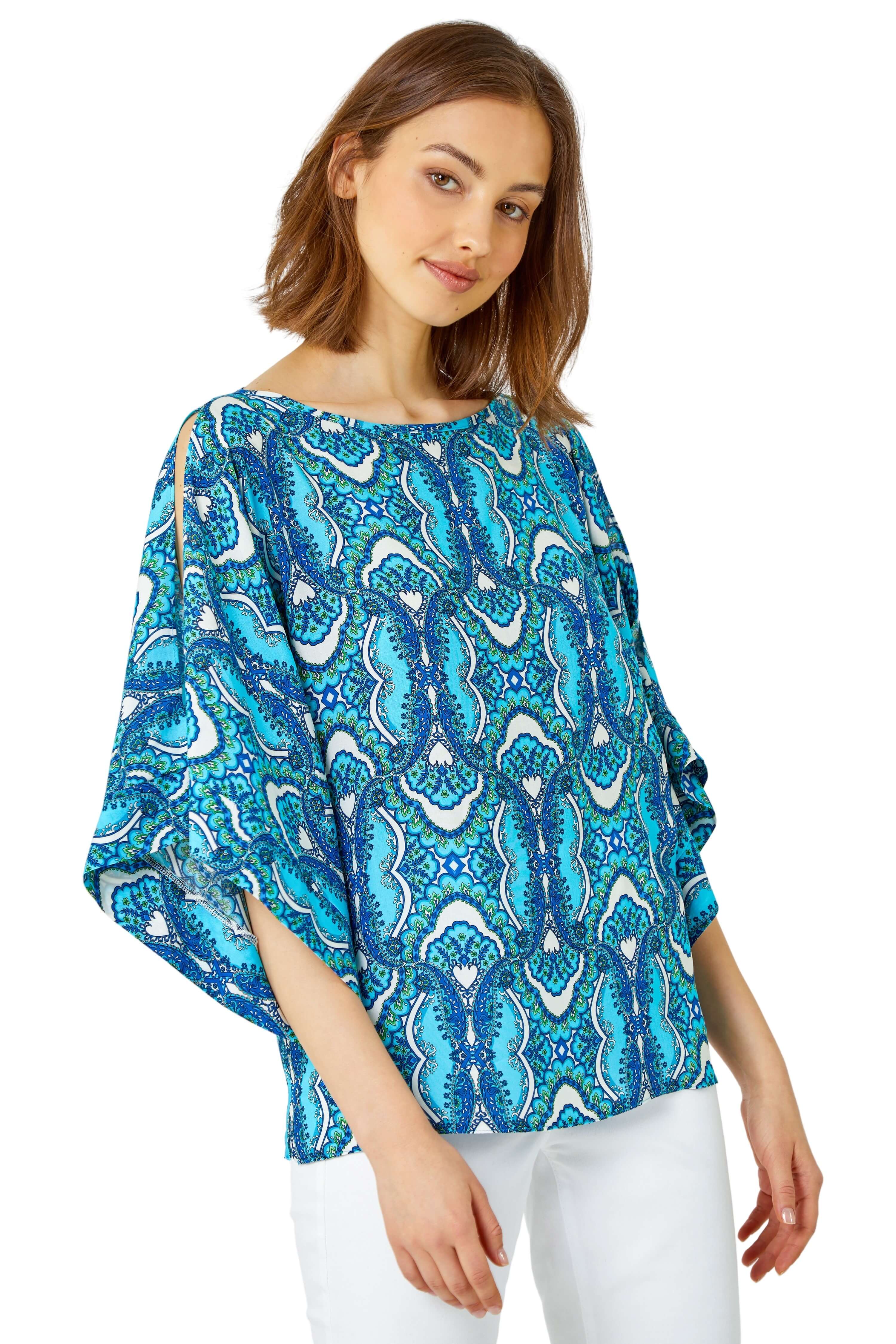 Roman Womens Tile Print Cold Shoulder Top - Blue - Size 12 UK | Roman Sale | Discount Designer Brands