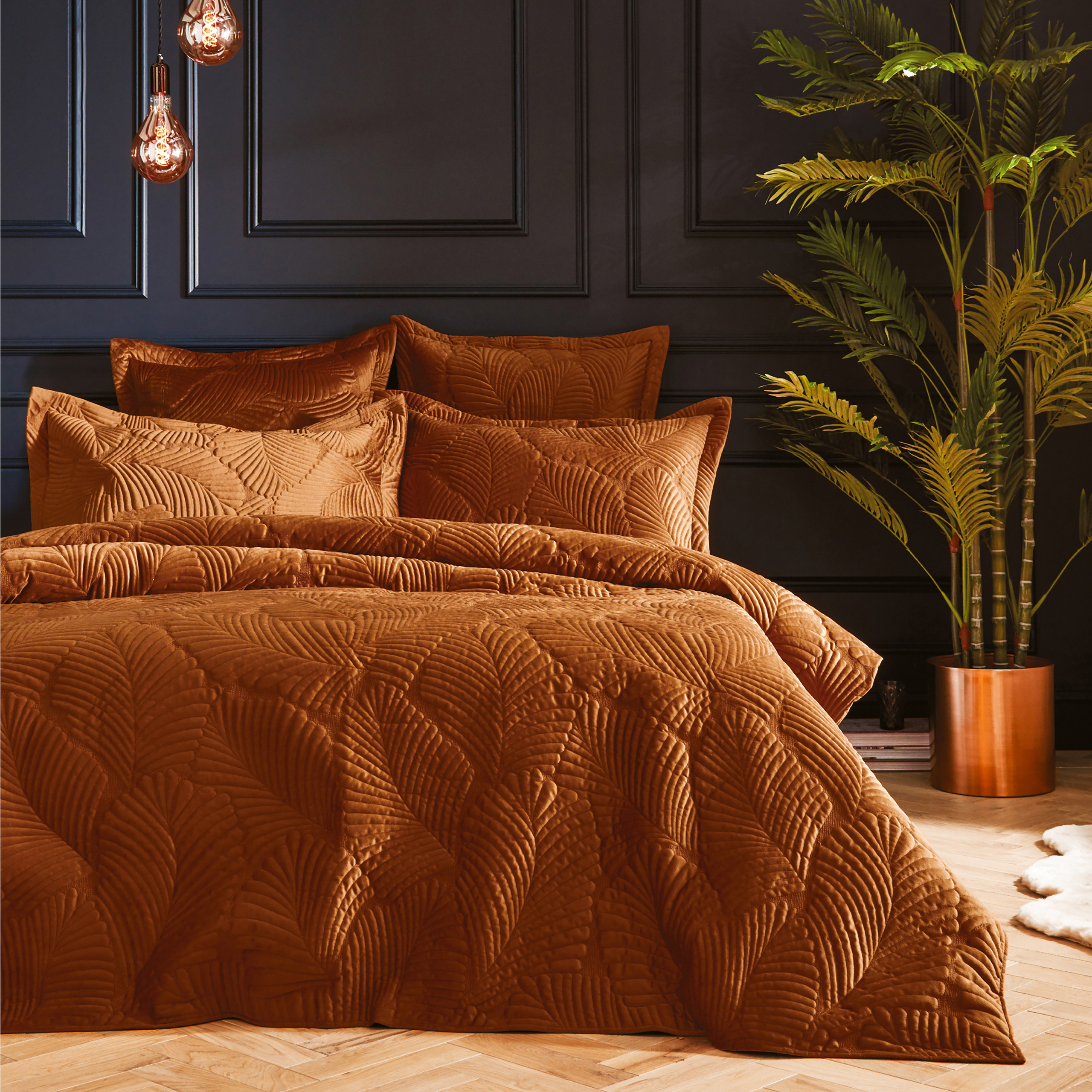 Paoletti Palmeria Quilted Velvet Duvet Cover Set - Rust - Size King | Paoletti Sale | Discount Designer Brands