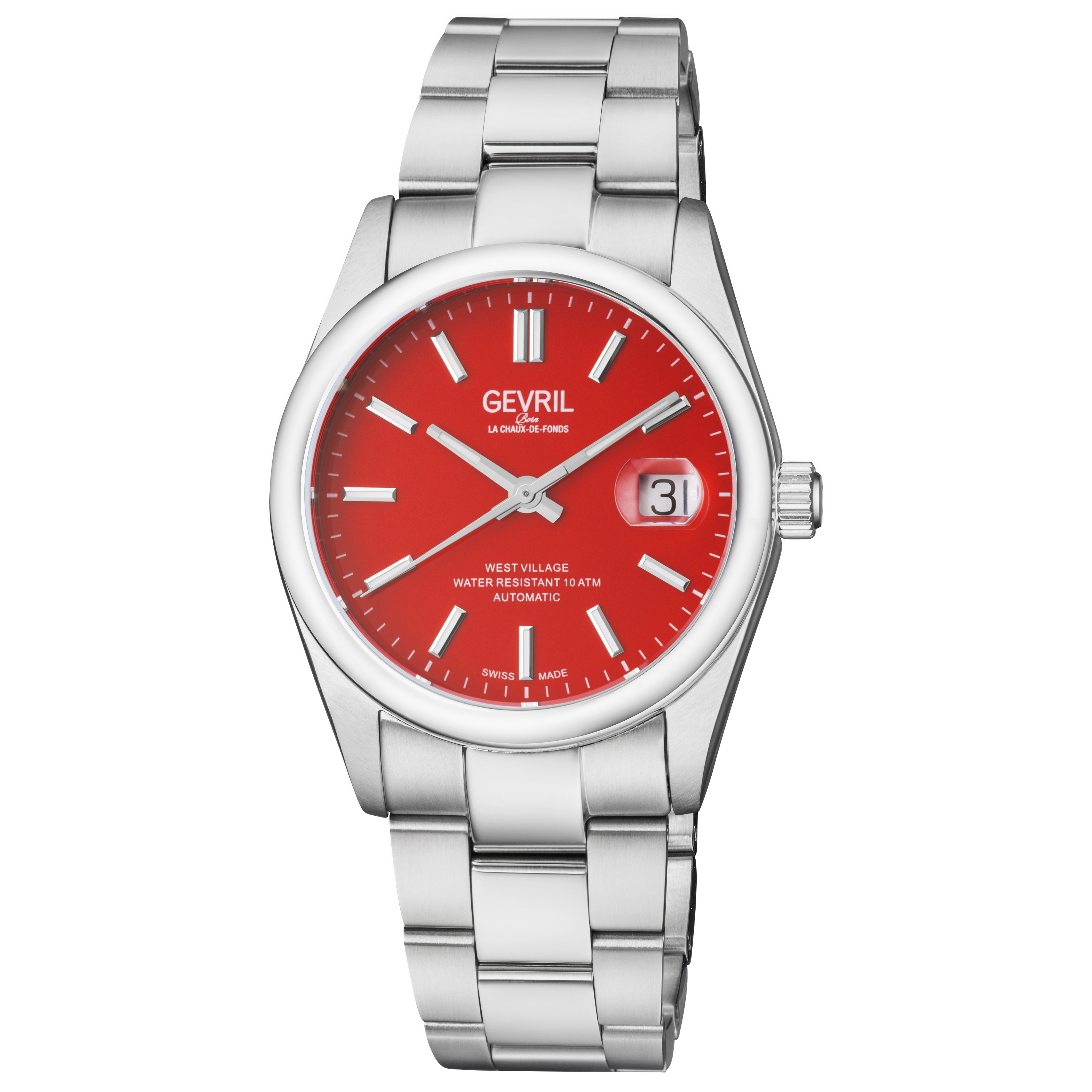 Gevril Mens Sellita SW200, Swiss Automatic West Village Red Dial Stainless Steel Bracelet - One Size | Gevril Sale | Discount Designer Brands