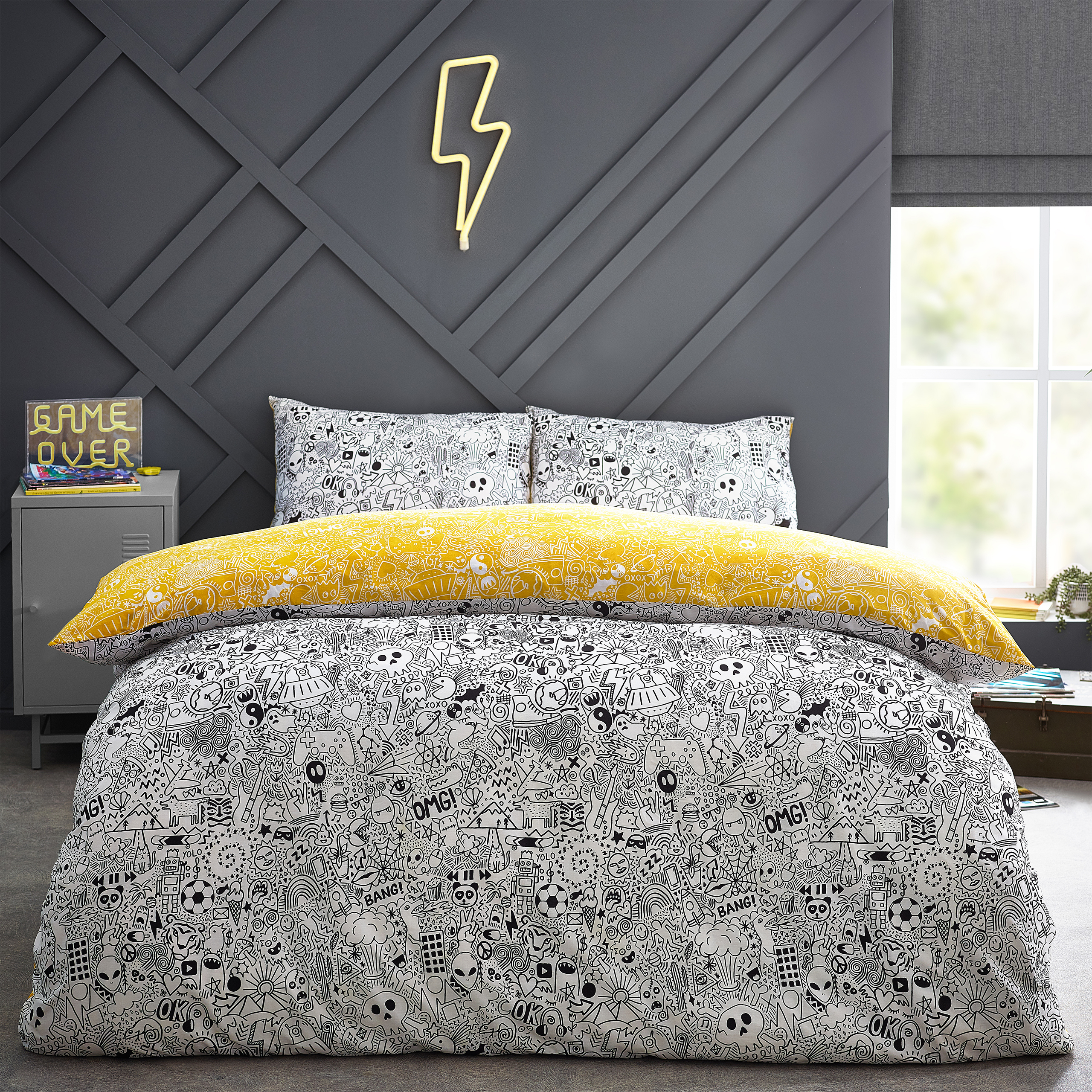 furn. Doodles Abstract Reversible Duvet Cover Set - Black/white Cotton - Size Double | furn. Sale | Discount Designer Brands