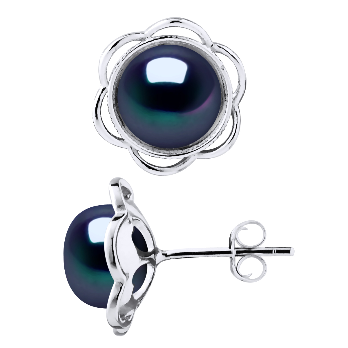 Diadema Womens Stud Earrings Flower Beads Freshwater 8-9mm Black Buttons 925 Silver - One Size | Diadema Sale | Discount Designer Brands