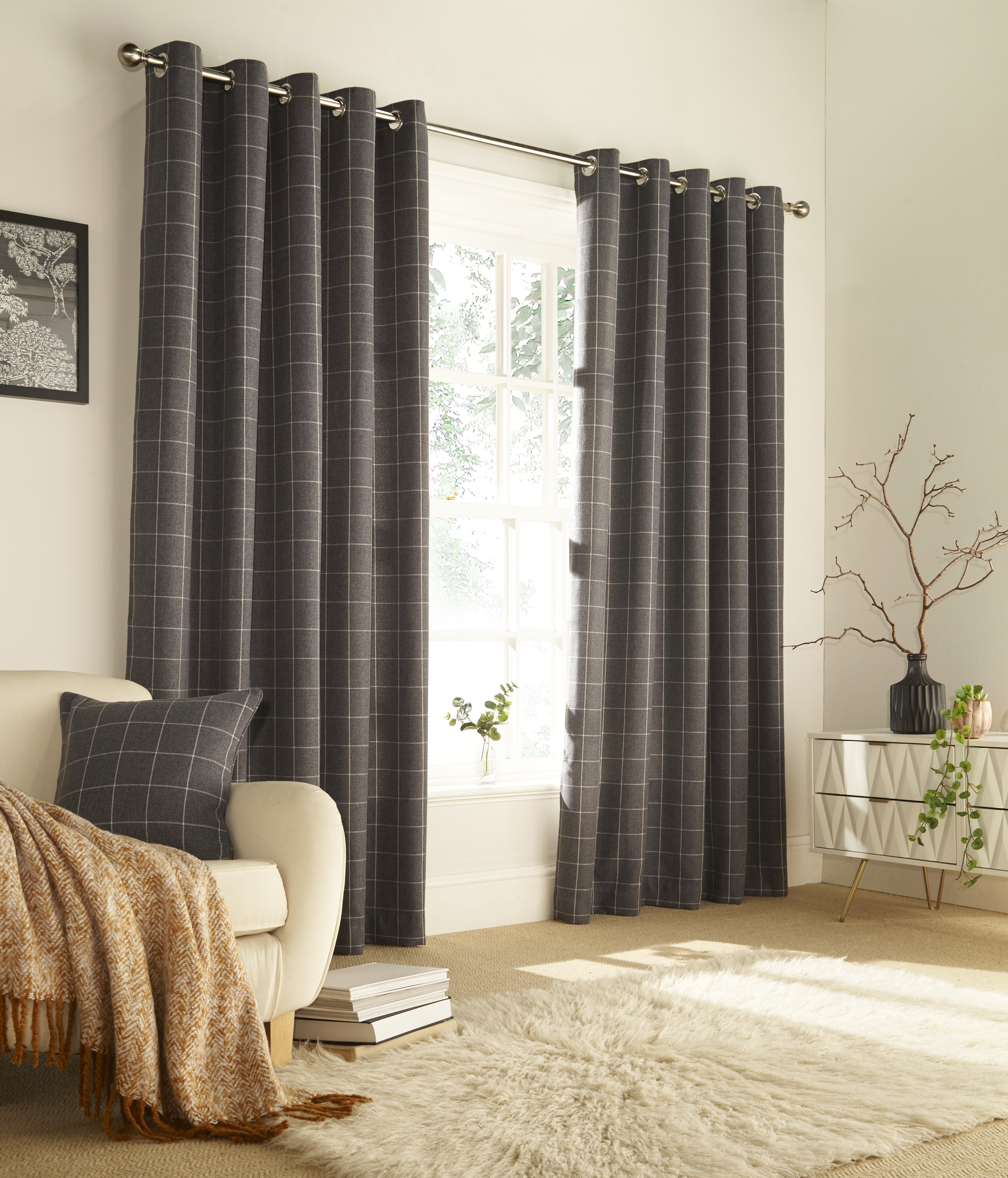 furn. Ellis Windowpane Check Eyelet Curtains in Grey - Size 229 cm x 137 cm | furn. Sale | Discount Designer Brands