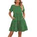 knqrhpse Casual Dresses Summer Dress Casual Dress Women s 2023 Casual Summer Crew Dress Square Neck Short Sleeve Tiered Ruffle Boho Swing Dresses Womens Dresses Green Dress L