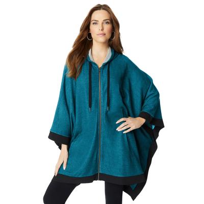 Plus Size Women's Hooded Zip Poncho by Roaman's in Deep Teal Marled (Size 1X/2X) Hoodie