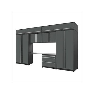 Proslat Garage Cabinets 8-Piece Glossy Grey Cabinet Set with Silver Handles and Stainless Steel Worktop