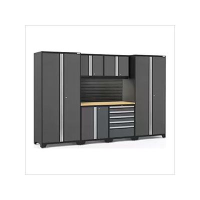 NewAge Garage Cabinets PRO Series Grey 7-Piece Set with Bamboo Top, Slatwall and LED Lights