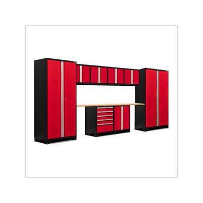 NewAge Garage Cabinets PRO Series Red 10-Piece Set with Bamboo Top and LED Lights