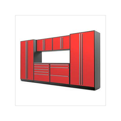 Proslat Garage Cabinets 7-Piece Glossy Red Cabinet Set with Silver Handles and Stainless Steel Worktop