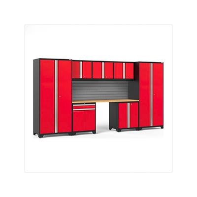 NewAge Garage Cabinets PRO Series Red 8-Piece Set with Bamboo Top and Slatwall
