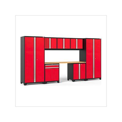 NewAge Garage Cabinets PRO Series Red 8-Piece Set with Bamboo Top and LED Lights