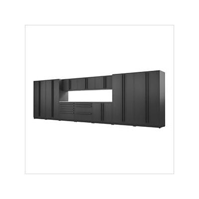 Proslat Garage Cabinets 12-Piece Mat Black Cabinet Set with Black Handles and Stainless Steel Worktop