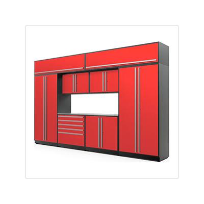 Proslat Garage Cabinets 9-Piece Glossy Red Cabinet Set with Silver Handles and Stainless Steel Worktop