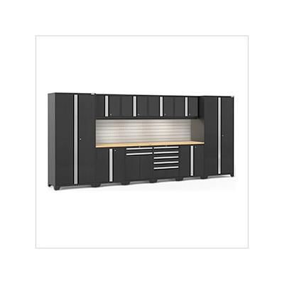 NewAge Garage Cabinets PRO Series Black 12-Piece Set with Bamboo Top, Slatwall and LED Lights