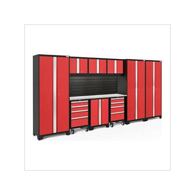 NewAge Garage Cabinets BOLD Series Red 10-Piece Set with Stainless Top, Backsplash, LED Lights