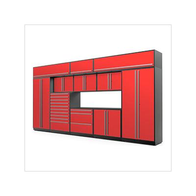 Proslat Garage Cabinets 12-Piece Glossy Red Cabinet Set with Silver Handles and Powder Coated Worktop