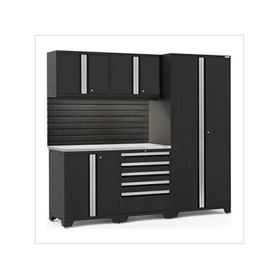 NewAge Garage Cabinets PRO Series Black 6-Piece Set with Stainless Steel Top, Slatwall and LED Lights