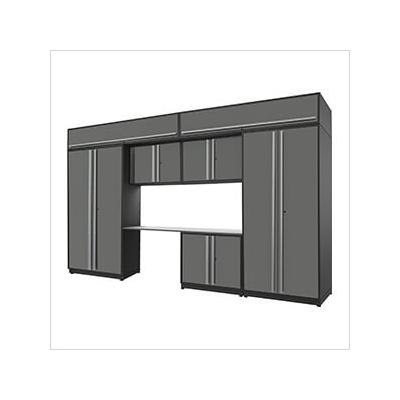 Proslat Garage Cabinets 8-Piece Glossy Grey Cabinet Set with Silver Handles and Stainless Steel Worktop