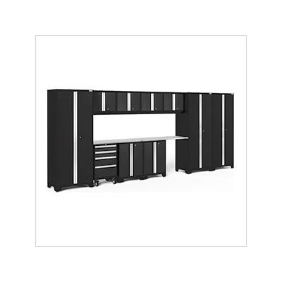 NewAge Garage Cabinets BOLD Series Black 12-Piece Set with Stainless Steel Top and LED Lights