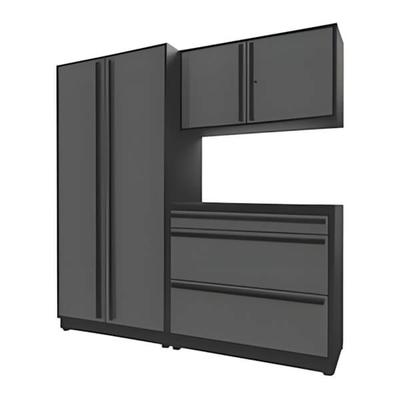 Proslat Garage Cabinets 4-Piece Glossy Grey Cabinet Set with Black Handles and Powder Coated Worktop