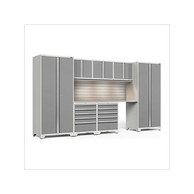 NewAge Garage Cabinets PRO Series Platinum 8-Piece Set with Stainless Steel Top, Slatwall and Lights