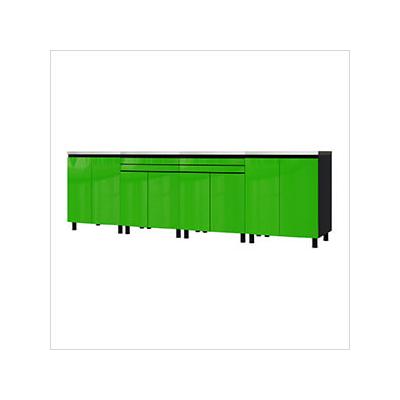 Contur Cabinet 10' Premium Lime Green Garage Cabinet System with Stainless Steel Tops