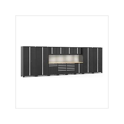 NewAge Garage Cabinets PRO Series Black 14-Piece Set with Bamboo Tops, Slatwall and LED Lights